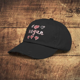 Vegan Hearts Unisex Distressed Cap Printify