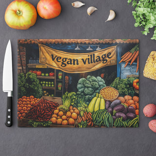 Vegan Village Tempered Glass Cutting Board Printify