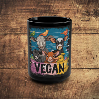 Vegan Animals Black Mug, 15oz