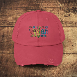 Vegan Hearts Unisex Distressed Cap Printify