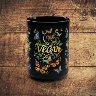 Vegan Butterflies Black Mug, 15oz