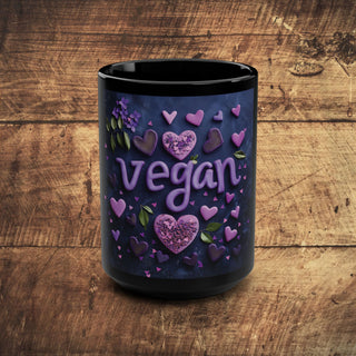 Vegan Hearts Black Mug, 15oz